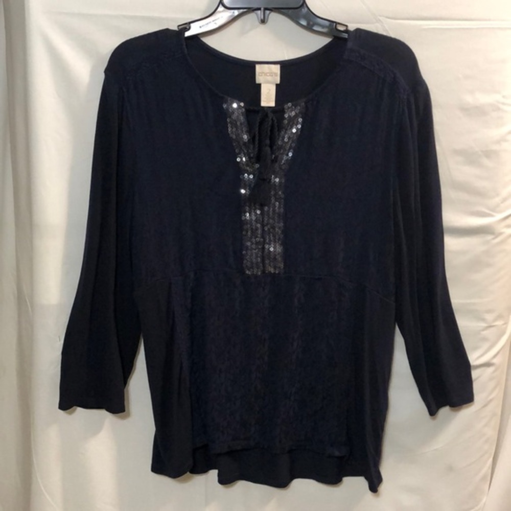 Chicos Black w/ Lace & Sequins 3/4 Sleeve Top